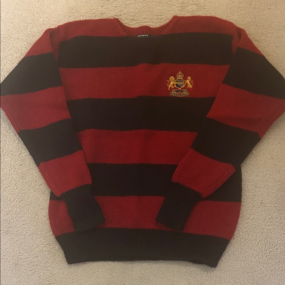 Men's Polo by Ralph Lauren Bold Red and Black Striped Crewneck Sweater